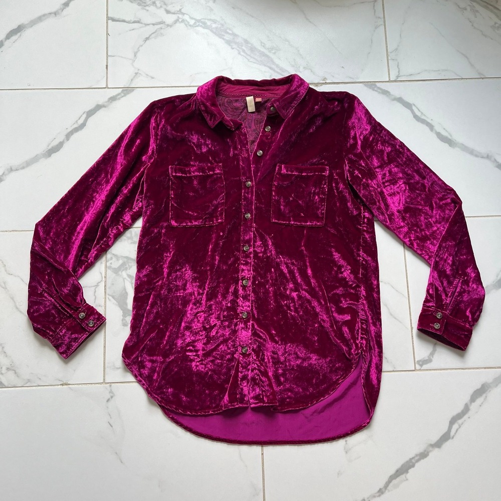 Anthropologie Pilcro Hadley button-down crushed velvet fabric magenta pink sz 4
